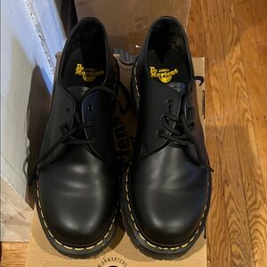 Dr. Martens Black Leather Oxfords with Yellow Stitching
